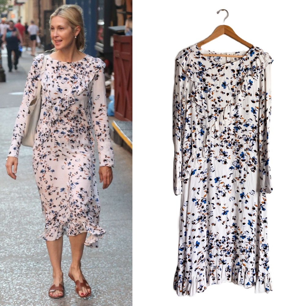 Treasure & Bond Floral Midi Ruffle Long Sleeves Dress White Blue Orange Celeb M